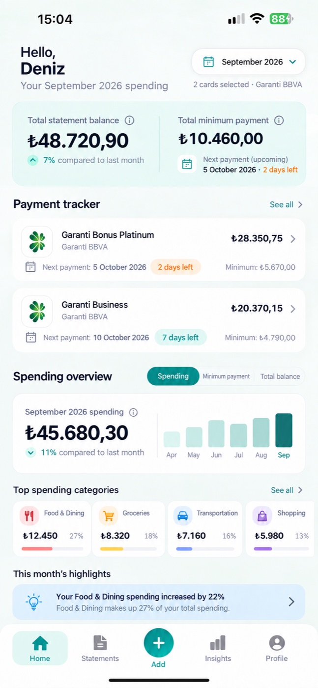 EkstreApp dashboard with statement balances, payment dates and spending categories